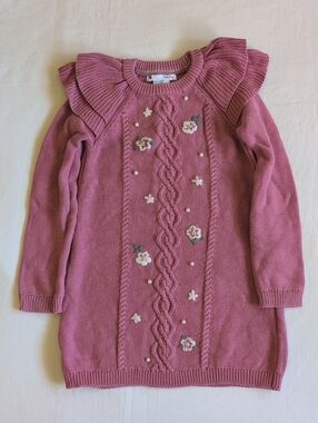Nula Bug Girls Size 6 Dusty Rose Cotton Cable Knit Sweater Dress Ruffle Pearl